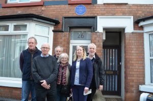 The unveiling of the plaque at Rushden: (left to right) Mark Bird, Ed Finlayson, Duncan Finlayson, Pat Justad, Elizabeth Coombe and Graham Tutthill