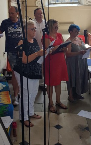 Bass and alto singers recording at the church, left to right, Michael Oliver, Jane Moore, Lawrence Blomfield, Sophie Clabaut and Sarah Garlinge.