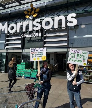 Deacon Michelle Legumi (left) and Cross-Links youth worker Rebecca Meredith outside Morrisons store in Dover